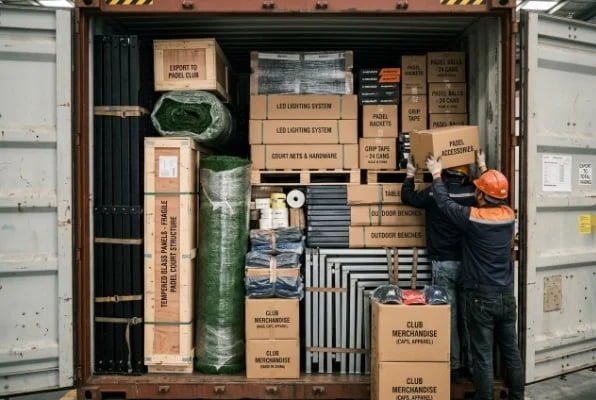 Loaded shipping container with padel court accessories and turf rolls
