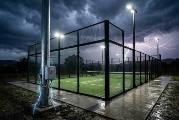 outdoor padel court under stormy sky