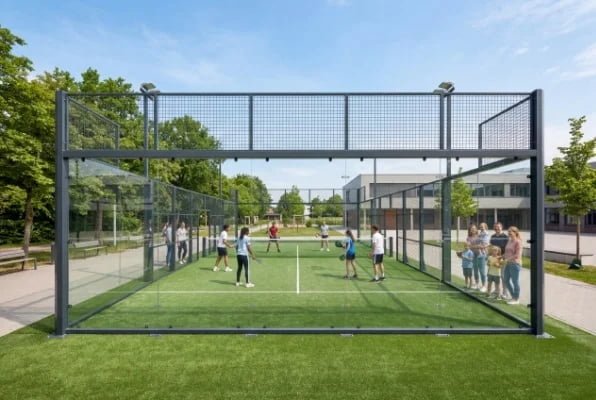 Full view of outdoor padel tennis court with green turf