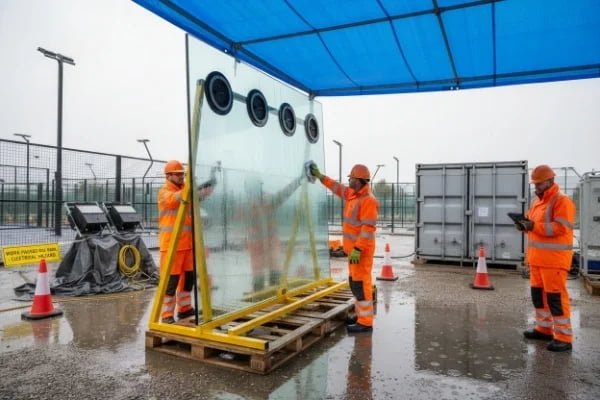 Crew inspecting and cleaning tempered glass panels for panoramic padel court installation