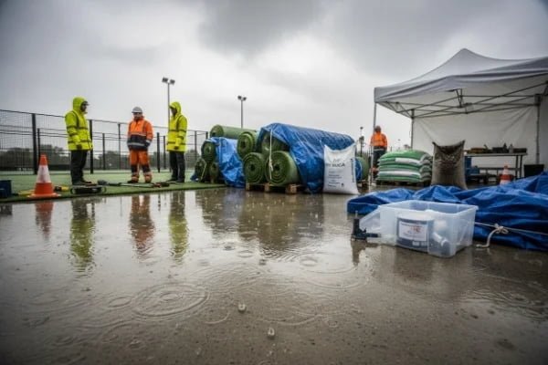 Padel turf rolls and installation supplies staged under tent during heavy rain