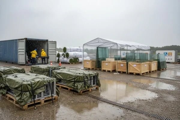 Container unloading padel court materials, glass crates and turf rolls on pallets