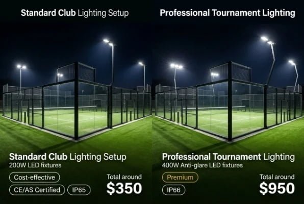 Standard and professional padel court lighting setup comparison