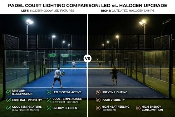 LED and halogen padel court lighting comparison graphic