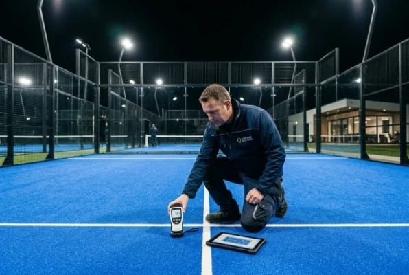 Technician testing blue padel court surface and lighting