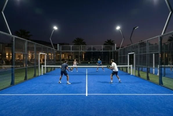 Players enjoying a blue padel court under LED lights