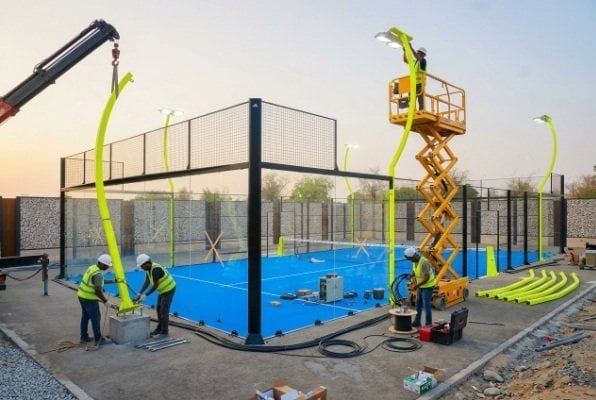 Padel court lighting installation during outdoor project construction