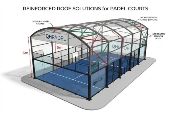 Reinforced roof design diagram for padel court structure, Structural illustration showing bracing and roof span for padel courts