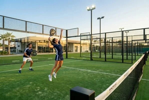 Outdoor padel court with players on artificial grass