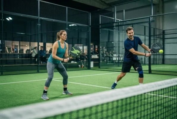 Indoor padel doubles match on green artificial turf