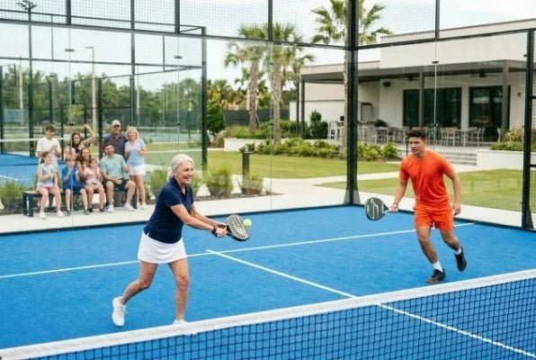 Players competing on blue padel court with glass walls