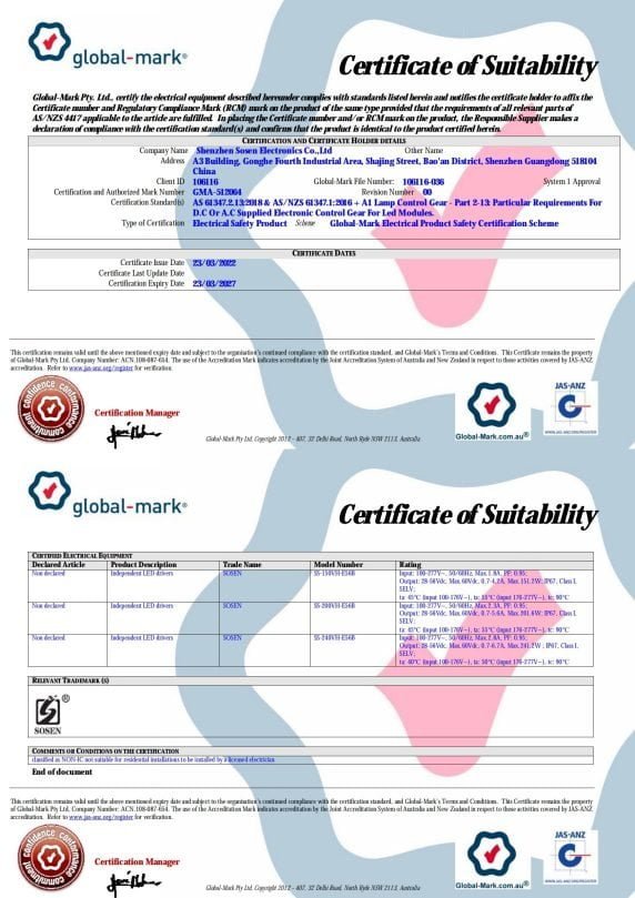 LED Lights AS/NZS 61347 Certificate