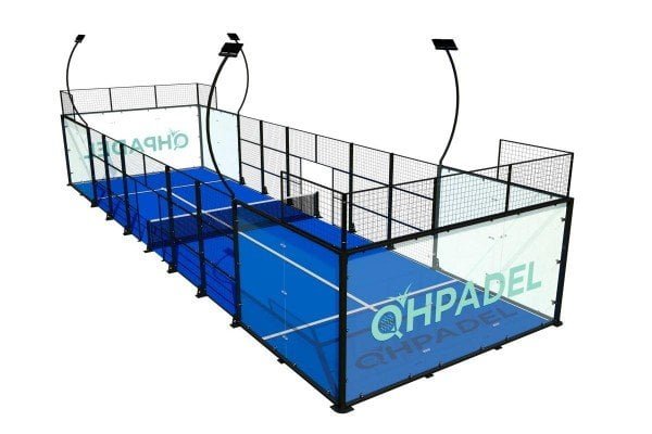Indoor singles padel court training with artificial grass and glass walls
