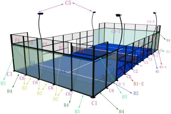 Standardized padel court kit with numbered parts
