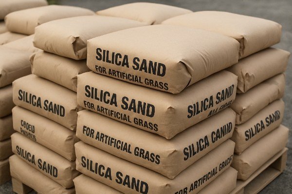 Pallets of bagged silica sand for padel court installation