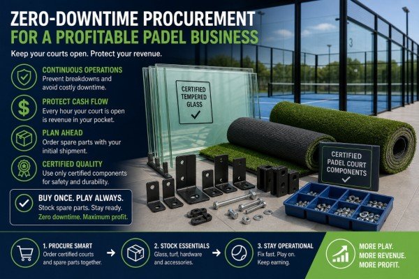 Certified tempered glass, artificial turf and hardware spare parts for reliable padel court operation