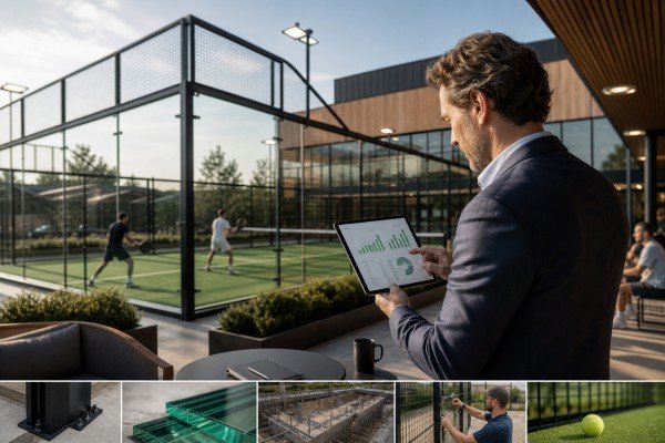 Padel club owner reviews court investment performance beside a premium outdoor padel court