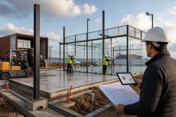 Padel court installation team assembles glass panels and steel structure at a coastal project