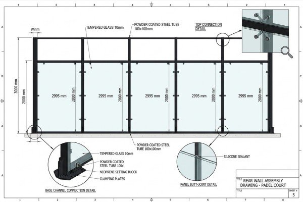 manufacturing blueprints showing standard glass height for a padel court