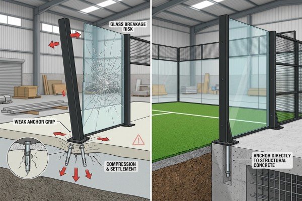 shattered glass from failing to fix an uneven padel court correctly