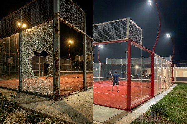 Padel court glass damage compared with upgraded durable court structure