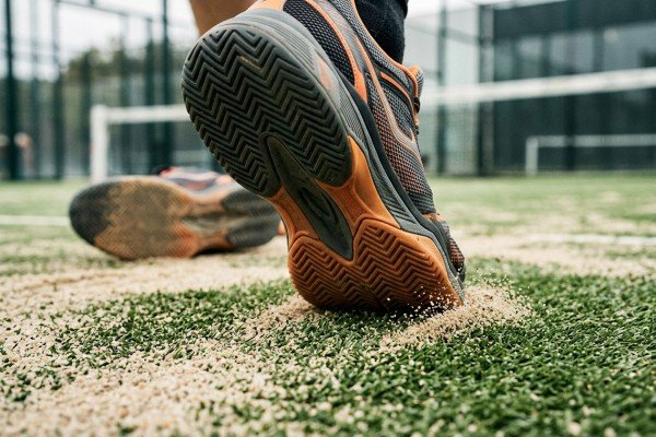 Close up of padel shoe sole on sand infilled artificial grass