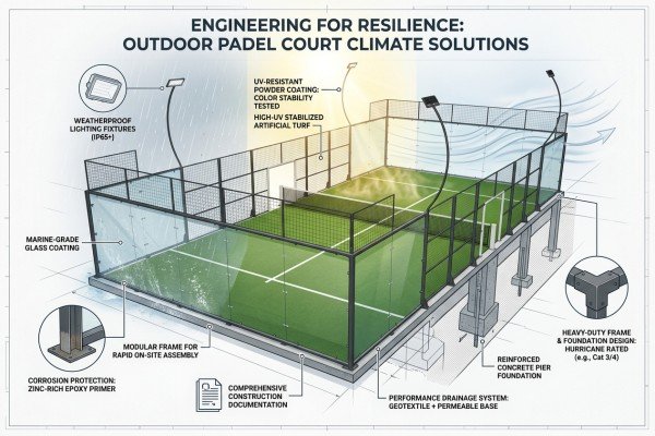 Weather-resistant outdoor padel court with corrosion protection, reinforced foundations and integrated drainage system