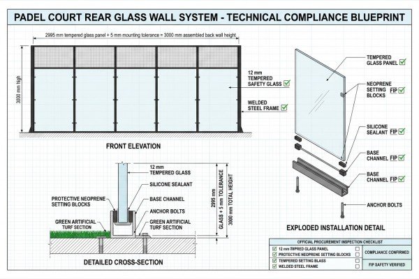factory blueprints standard glass height for a padel court
