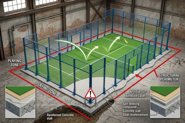 self leveling compound to fix an uneven padel court