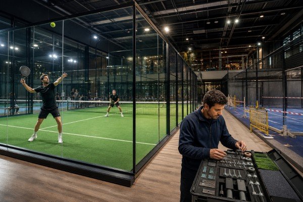 Technician prepares padel court spare parts for fast maintenance and uninterrupted indoor play