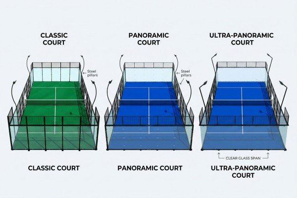 Classic, panoramic, and ultra-panoramic padel courts with different glass and post structures