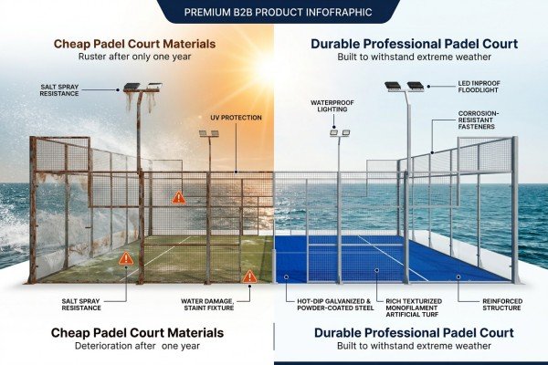 Climate resistant padel court equipment materials