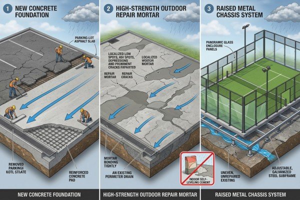 fix an uneven padel court outdoors with raised chassis
