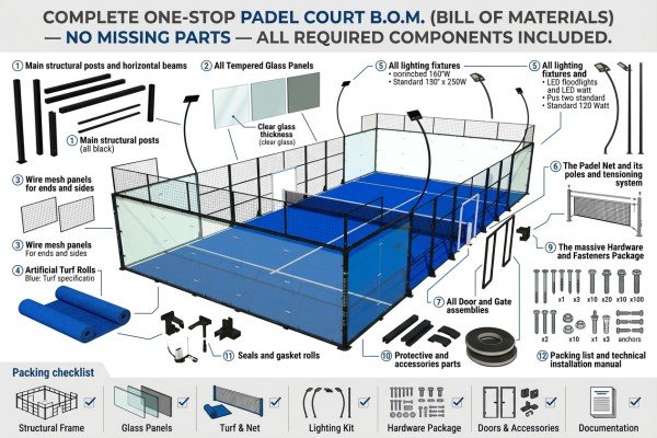 Complete padel court bill of materials includes frame, glass, turf, lighting, net and hardware
