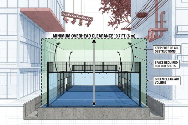 Indoor padel court diagram illustrating minimum six-meter overhead clearance for unobstructed lob shots