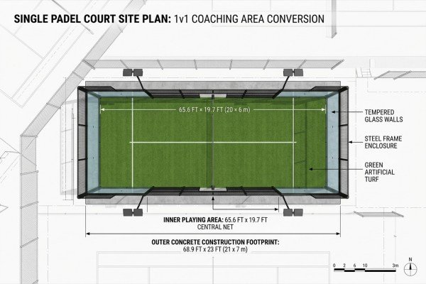Single padel court site plan showing dimensions, tempered glass walls, steel frame, and artificial turf