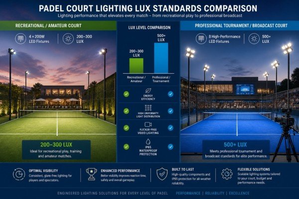 padel court lighting lux standards table