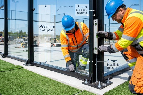 civil contractors installing standard glass height for a padel court