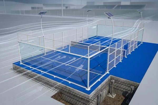 Wind resistance features of a half panoramic padel court