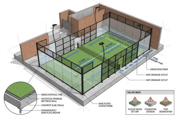 Padel court drainage layout showing artificial turf slope, edge drains, and foundation construction
