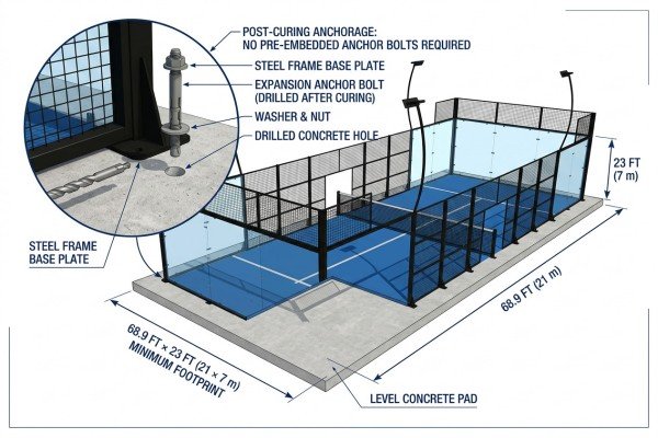 Padel court foundation diagram showing post-cured anchorage, base plates, and concrete pad