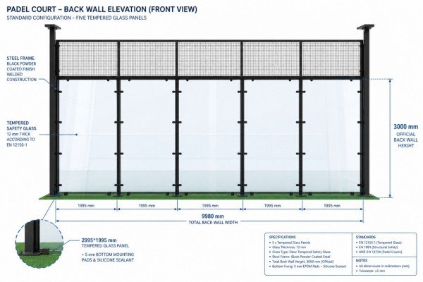 What is the standard glass height for a padel court?