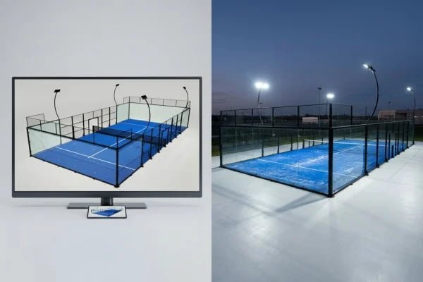 Padel court lighting interacting with turf color