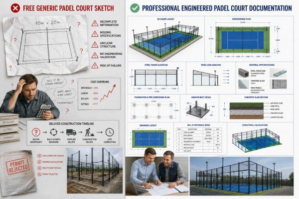 Basic vs Professional diagram of a padel court
