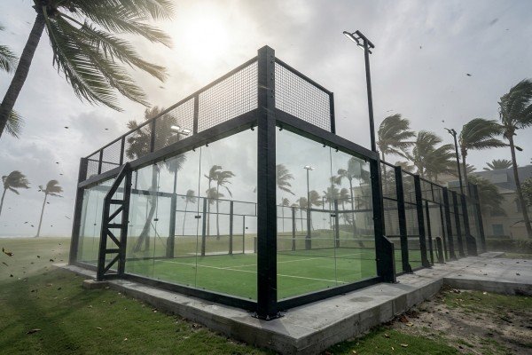 Wind-resistant outdoor padel court with reinforced steel frame, tempered glass, and artificial turf