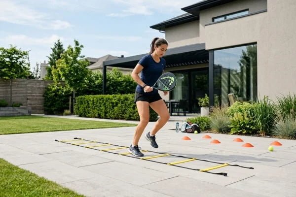 Safe beginner padel practice in a clear home space
