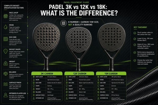 Padel 3K, 12K, and 18K racket face comparison