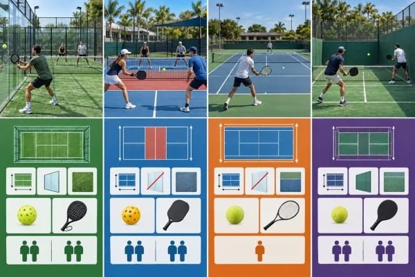 Defining features of padel pickleball tennis and paddle tennis