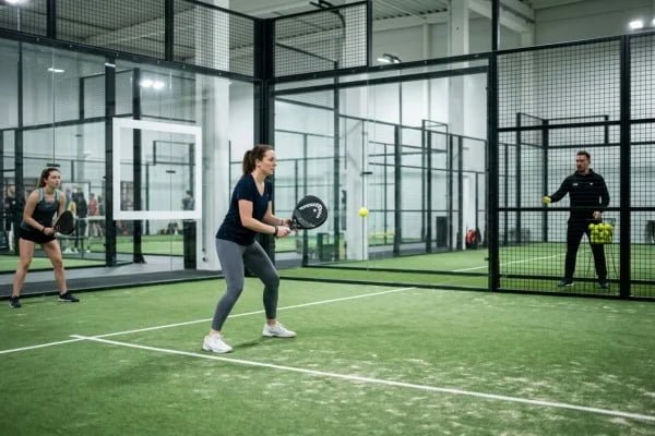 Beginner rear glass rebound drill on a padel court