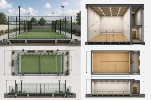 Padel and squash court dimension comparison